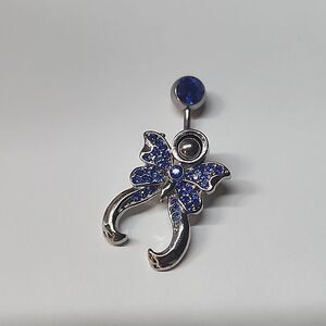 Butterfly Blue Crystal Rhinestone Silver Tone Belly Button Ring